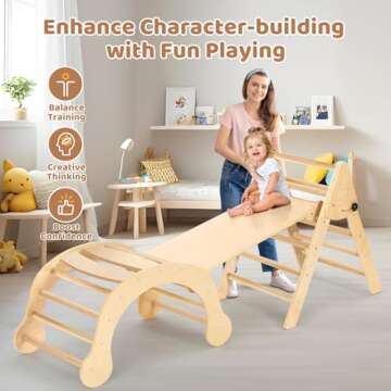 YOLEO 7-in-1 Pikler Triangle Set, Large Wooden Climbing Toys for Toddlers 1-3 Inside, Montessori Fun Toddler Climbing Toys Indoor Playground and Jungle Gyms Playset,Easy-Fold Pikler Triangle (Natural)