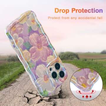 EYZUTAK Case for iPhone 15 Pro Max, Colorful Retro Oil Painting Printed Flower Laser Glossy Pattern Cute Curly Waves Edge Exquisite Phone Cover Stylish Durable TPU Protective Case for Girls Women-Pink