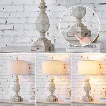 Kyrid Rustic 3-Way Touch Table Lamp Set with USB Charging