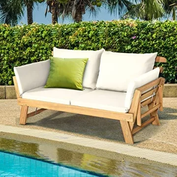 Tangkula Patio Convertible Couch, Stylish Acacia Wood Daybed
