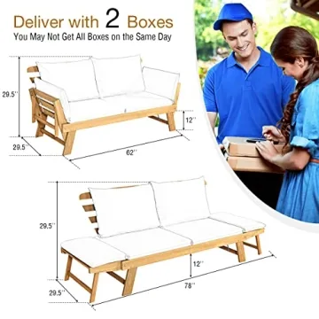 Tangkula Patio Convertible Couch, Stylish Acacia Wood Daybed