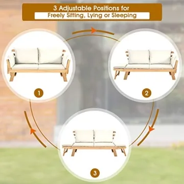 Tangkula Patio Convertible Couch, Stylish Acacia Wood Daybed