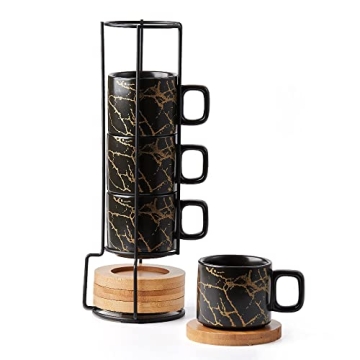 Elegant LUKA Porcelain Espresso Cup Set with Iron Stand - 4 Ounce Ceramic Mugs for Coffee & Tea