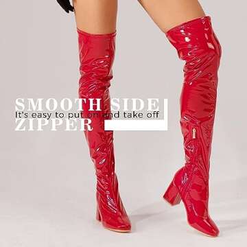 syztsho Thigh High Boots for Women Patent Leather PU Chunky Heel Over The Knee Boots Sexy Square Toe Side Zipper GOGO Boots Size US9 CN40