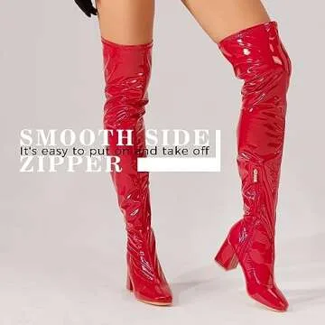 syztsho Thigh High Boots for Women Patent Leather PU Chunky Heel Over The Knee Boots Sexy Square Toe Side Zipper GOGO Boots Size US9 CN40