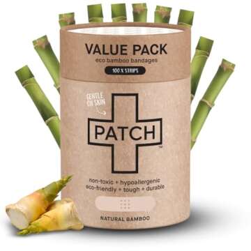 PATCH 100 Count Value Pack, Organic Natural Bamboo Eco-Friendly Adhesive Bandages for Abrasions & Grazes, Hypoallergenic Wound Care for Sensitive Skin, Compostable, Biodegradable, Latex & Plastic Free