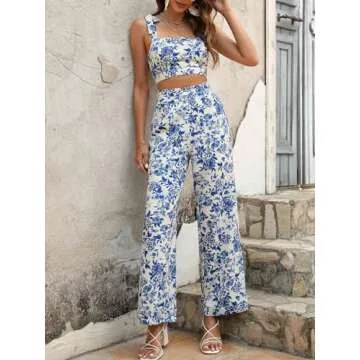 Floerns Women's 2 Piece Summer Boho Floral Print Knot Shoulder Zip Back Crop Cami Top and Maxi Pants Set Blue White Flower M