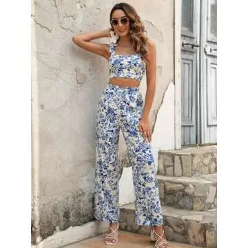 Floerns Women's 2 Piece Summer Boho Floral Print Knot Shoulder Zip Back Crop Cami Top and Maxi Pants Set Blue White Flower M