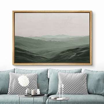 SIGNFORD Framed Canvas Wall Art Monochromatic Green Mountains and Valleys Landscape Wilderness Oil P...