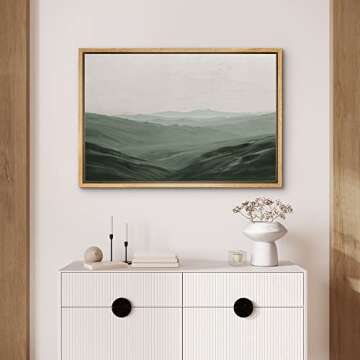 SIGNFORD Framed Canvas Wall Art Monochromatic Green Mountains and Valleys Landscape Wilderness Oil Painting Impressionism Traditional Scenic for Living Room, Bedroom, Office - 16x24 inches