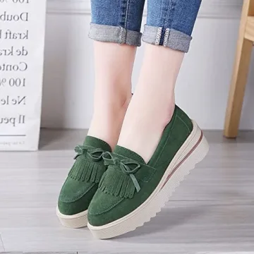 YING LAN Women Platform Slip On Loafers Comfort Suede Moccasins Wide Low Top Wedge Casual Shoes ArmyGreen