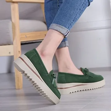 YING LAN Women Platform Slip On Loafers Comfort Suede Moccasins Wide Low Top Wedge Casual Shoes ArmyGreen