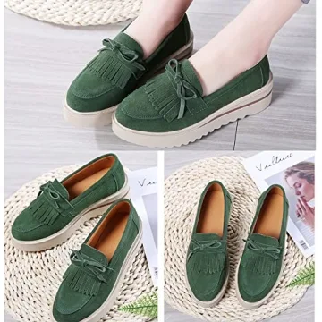 YING LAN Women Platform Slip On Loafers Comfort Suede Moccasins Wide Low Top Wedge Casual Shoes ArmyGreen