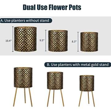 HSORNA Planters for Indoor Plants, Large Plant Pots with Gold Legs, 8.3/9.7/11.3 Inch Metal Flower Pots for Mid Century Modern Living Room, Corner, Garden, Patio, Black Gold Outdoor Planter Set of 3