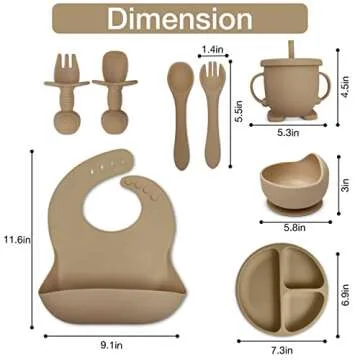 Mutualproducts - Baby Feeding Set 10-Piece | Baby Led Weaning Utensils Set Includes Suction Bowl and Plate, Baby Spoon and Fork, Sippy Cup, Straw, Lid & 2Bibs | Baby Feeding Supplies Set (B-Beige)