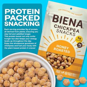 BIENA Chickpea Snacks - Crunchy Roasted Chickpeas - High Fiber Protein Snacks for Adults and Kids - 4-Pack, 5 Ounce Bags - Honey Roasted