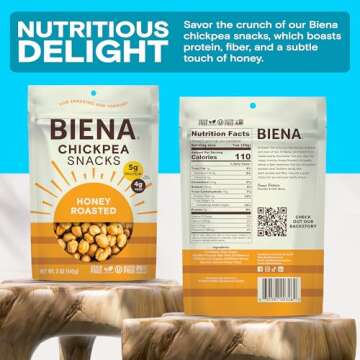 BIENA Chickpea Snacks - Crunchy Roasted Chickpeas - High Fiber Protein Snacks for Adults and Kids - 4-Pack, 5 Ounce Bags - Honey Roasted