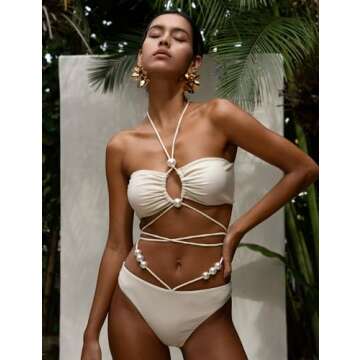 FLAXMAKER Halterneck Pearl Bandeau High Waist Bikini and Sarong Set (US, Alpha, Small, Regular, Regular, Bikini and Sarong)