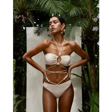 FLAXMAKER Halterneck Pearl Bandeau High Waist Bikini and Sarong Set (US, Alpha, Small, Regular, Regular, Bikini and Sarong)