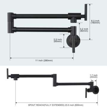 WOWOW Pot Filler Faucet Matte Black Commercial Wall Mount Stove Faucet, Brass Pot Filler Folding Faucet Over Stove, Kitchen Pot Faucet with Double Joint Swing Arms