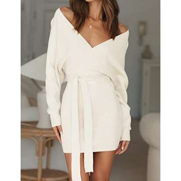 ZESICA Women's Fall Long Batwing Sleeve Wrap V Neck Knitted Backless Bodycon Pullover Sweater Dress with Belt,Apricot,Small