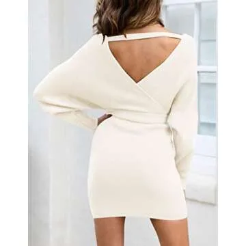 ZESICA Women's Fall Long Batwing Sleeve Wrap V Neck Knitted Backless Bodycon Pullover Sweater Dress with Belt,Apricot,Small