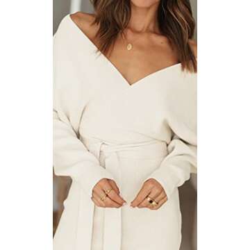 ZESICA Women's Fall Long Batwing Sleeve Wrap V Neck Knitted Backless Bodycon Pullover Sweater Dress with Belt,Apricot,Small