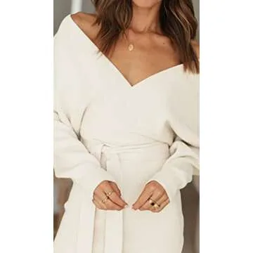 ZESICA Women's Fall Long Batwing Sleeve Wrap V Neck Knitted Backless Bodycon Pullover Sweater Dress with Belt,Apricot,Small
