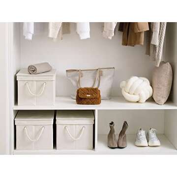 StorageWorks 32L Storage Bins with Lids, Decorative Storage Boxes with Lids and Soft Rope Handles, Mixing of Beige, White & Ivory, Jumbo, 3-Pack