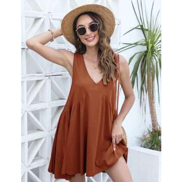 Athlisan Womens Summer Sleeveless Mini Dress Casual Loose V Neck Sundress with Pockets(Rust-XS)