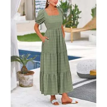 PRETTYGARDEN Summer Dresses for Women 2025 Fashion Puff Sleeve Square Neck A Line Flowy Loose Fit Tiered Maxi Dress(Bean Green,Small)