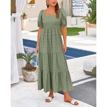 PRETTYGARDEN Summer Dresses for Women 2025 Fashion Puff Sleeve Square Neck A Line Flowy Loose Fit Tiered Maxi Dress(Bean Green,Small)