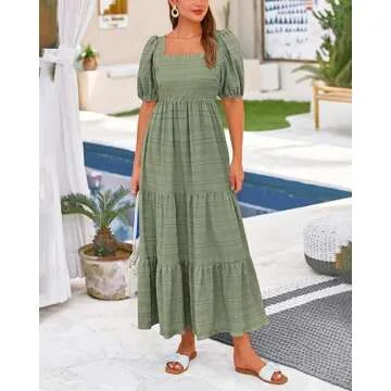 PRETTYGARDEN Summer Dresses for Women 2025 Fashion Puff Sleeve Square Neck A Line Flowy Loose Fit Tiered Maxi Dress(Bean Green,Small)