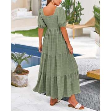 PRETTYGARDEN Summer Dresses for Women 2025 Fashion Puff Sleeve Square Neck A Line Flowy Loose Fit Tiered Maxi Dress(Bean Green,Small)