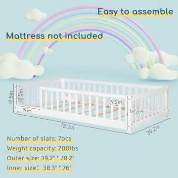 Tatub Twin Floor Bed for Kids with Safety Guardrails and Door and Slats, Wood Kids Montessori Floor ...