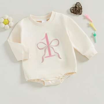 xkwyshop Infant Baby Girl First Birthday Outfit One Year Old Bow Embroidery Long Sleeve Sweatshirt Bubble Romper Clothes Fall (Beige, 12-18 Months)