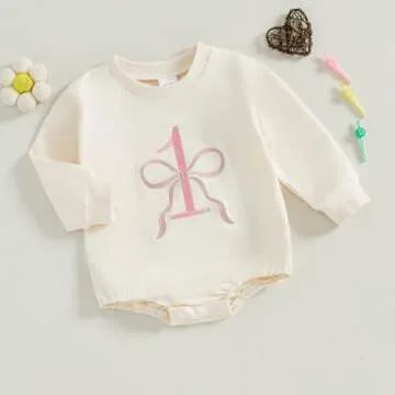 xkwyshop Infant Baby Girl First Birthday Outfit One Year Old Bow Embroidery Long Sleeve Sweatshirt Bubble Romper Clothes Fall (Beige, 12-18 Months)