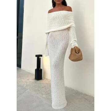 LETSVDO Womens Off Shoulder Crochet Maxi Dress Bell Sleeve See Through Knitted Sheer Mesh Beach Vacation Dresses Coverups