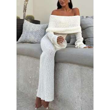 LETSVDO Womens Off Shoulder Crochet Maxi Dress Bell Sleeve See Through Knitted Sheer Mesh Beach Vacation Dresses Coverups