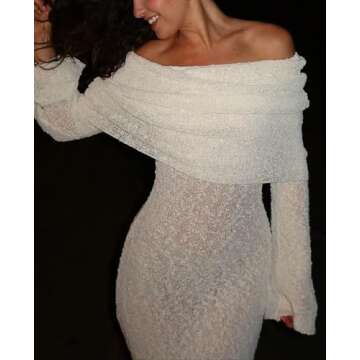 LETSVDO Womens Off Shoulder Crochet Maxi Dress Bell Sleeve See Through Knitted Sheer Mesh Beach Vacation Dresses Coverups