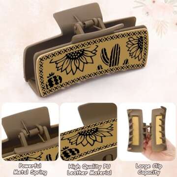 Yussti Western Leather Hair Claw Clips Sunflower Floral Square Claw Clips for Hairstyling Southwest Cow Print Cowhide Hair Accessories Large Aesthetic Western Cowgirl Stuff Gift for Women Girls