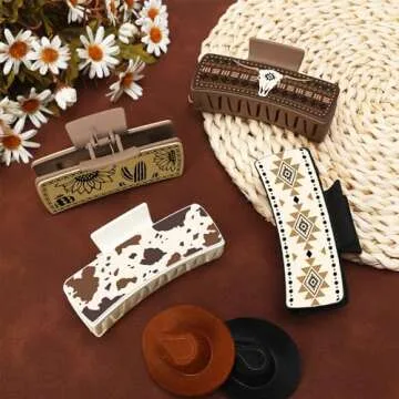 Yussti Western Leather Hair Claw Clips Sunflower Floral Square Claw Clips for Hairstyling Southwest Cow Print Cowhide Hair Accessories Large Aesthetic Western Cowgirl Stuff Gift for Women Girls