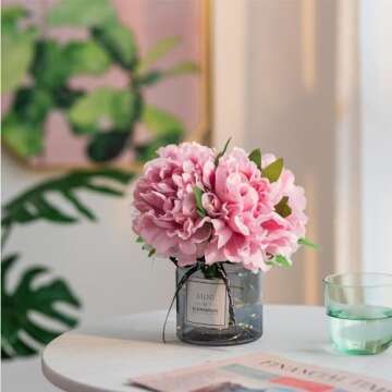 BLOSMON Pink Coffee Table Bathroom Decor Small Lilac Flowers with Gray Vase Home Living Room Bedroom Vanity Nightstand Flower Arrangement Decorations Peony Artificial Flowers in Vase Office Desk