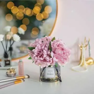 BLOSMON Pink Coffee Table Bathroom Decor Small Lilac Flowers with Gray Vase Home Living Room Bedroom Vanity Nightstand Flower Arrangement Decorations Peony Artificial Flowers in Vase Office Desk