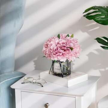 BLOSMON Pink Coffee Table Bathroom Decor Small Lilac Flowers with Gray Vase Home Living Room Bedroom Vanity Nightstand Flower Arrangement Decorations Peony Artificial Flowers in Vase Office Desk