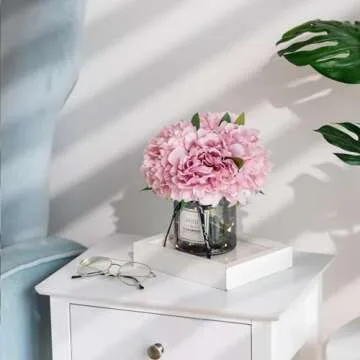 BLOSMON Pink Coffee Table Bathroom Decor Small Lilac Flowers with Gray Vase Home Living Room Bedroom Vanity Nightstand Flower Arrangement Decorations Peony Artificial Flowers in Vase Office Desk