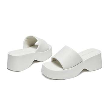 EETTARO Women's Platform Sandals Square Toe Block Heel Slip-on Slides Fashion Wedge Summer Shoes(White PU, Numeric_8)