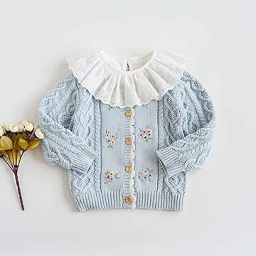 Baby Girls Cable Knit Cardigan Sweater Crewneck Embroider Cardigan Button Warm Jacket Coat for Toddler Blue