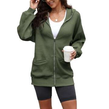 Yanekop Womens Oversized Fall Jackets Zip Up Hoodie Jacket Coat Waffle Knit Shacket Fall Outfits with Pocket(Army Green,L)