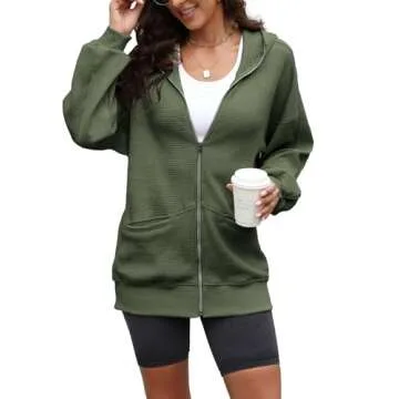 Yanekop Womens Oversized Fall Jackets Zip Up Hoodie Jacket Coat Waffle Knit Shacket Fall Outfits with Pocket(Army Green,L)
